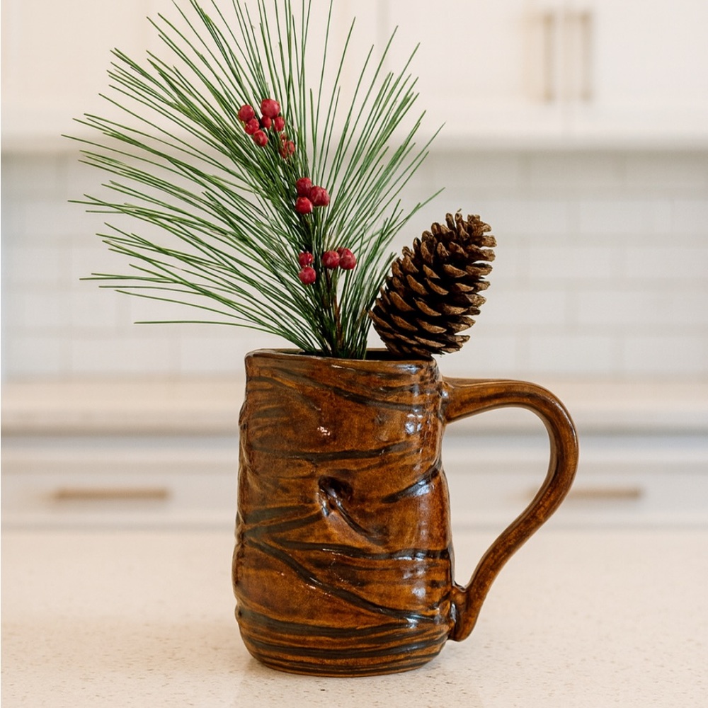 LARGE Artisan Wood-Style Ceramic Mug. 7”T Vintage | 70’s | MCM | Unique | Rustic